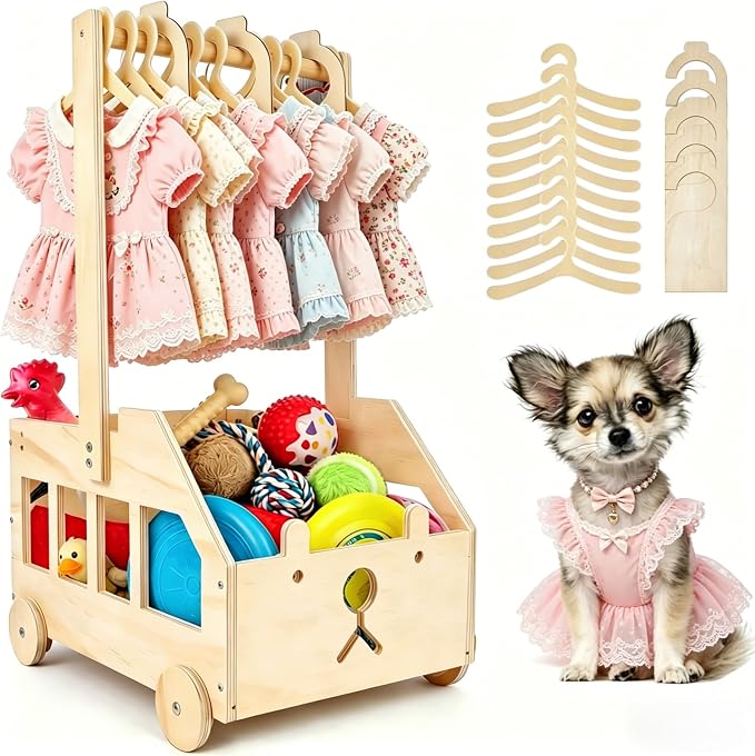 22" x14"x10" Wooden Pet Wardrobe Closet with 10 Hangers, 5 Split Labels & 1 Pen, Easy Assembly Crate for Dog/Cat Closet, Dog Closet Organizer for Toys Clothes and Accessories