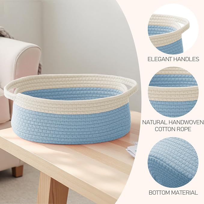 JMvicyroam Small Woven Basket, Empty Gift Basket, White&Blue/3 Pack | Small Gift Basket, Cotton Rope, 12 x 8 x 65 in, Handles, Includes Ribbon and Bag, Birthday Gift Basket