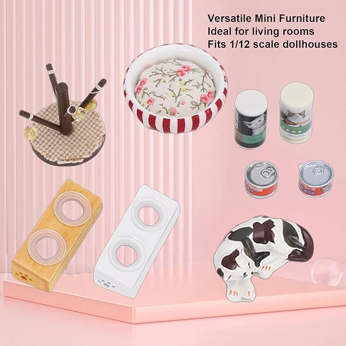 Focket 1:12 Dollhouse Cat Figurines, Miniature Dollhouse Accessories with Cat Bowl Stand and Bed, for Pet Lifestyle Display and 1/12 Scale Model Houses