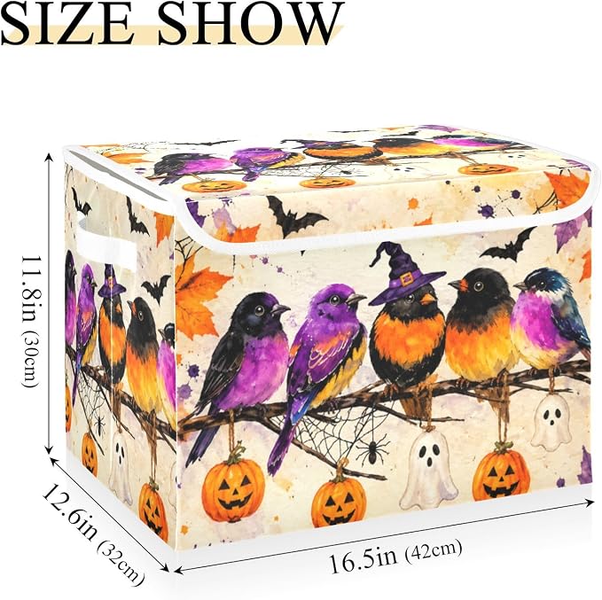 Fabric Storage Bins with Lid Halloween Bird Closet Storage Basket 40L | Decorative Storage Boxes, 300D Oxford Cloth, Hollow Board Frame, Flip Top Velcro Lid, 16.5x12.6x11.8 inch, Collapsible Design