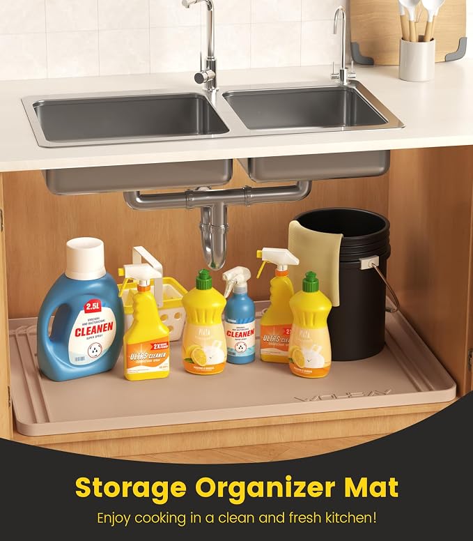 Under Sink Mats for Kitchen Waterproof 34"x22",Khaki | Cut to Fit Design for Various Sizes, Leak-Proof Cabinet Protection,Durable Silicone Material,Versatile Home Use