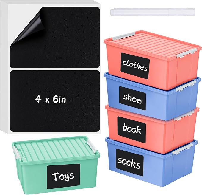 100 Pack Chalkboard Labels for Storage Bins, 6 X 4 in, Black | Removable Adhesive Labels, Tear Resistant, Includes 1 White Liquid Chalk Marker, for Home, School, Office Organization