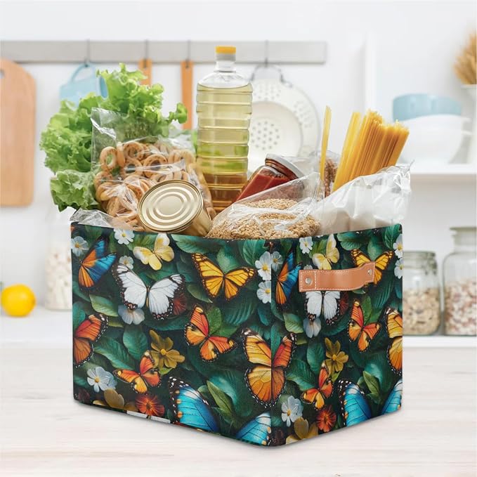 Butterfly Storage Baskets with Handles Fabric Storage Boxes Collapsible Nursery Basket for Shelf Book Cloth 15 X 11 X 9.5 IN Closet Organizer Bins