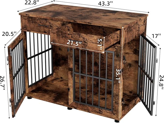 VOWNER 43.3" Large Dog Crate Furniture with 2 Drawers, Brown | Wooden Dog Kennel Furniture End Table with 3 Doors, XL Dog Kennel Indoor with Storage, Dog Cage TV Stand for Large Medium Dog