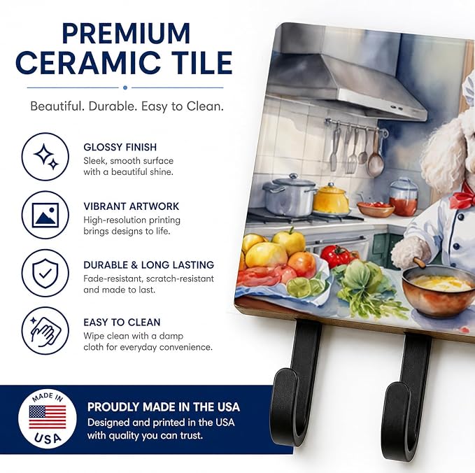 Caroline's Treasures White Poodle The Chef Leash or Key Holder Wall Hooks, Key Hooks Holder, Coat Rack Wall Mount, Coat Hooks, Hooks for Hanging Keys, Towels, Aprons, Leashes | White Poodle The Chef artwork on ceramic tile with three steel hooks for ke...