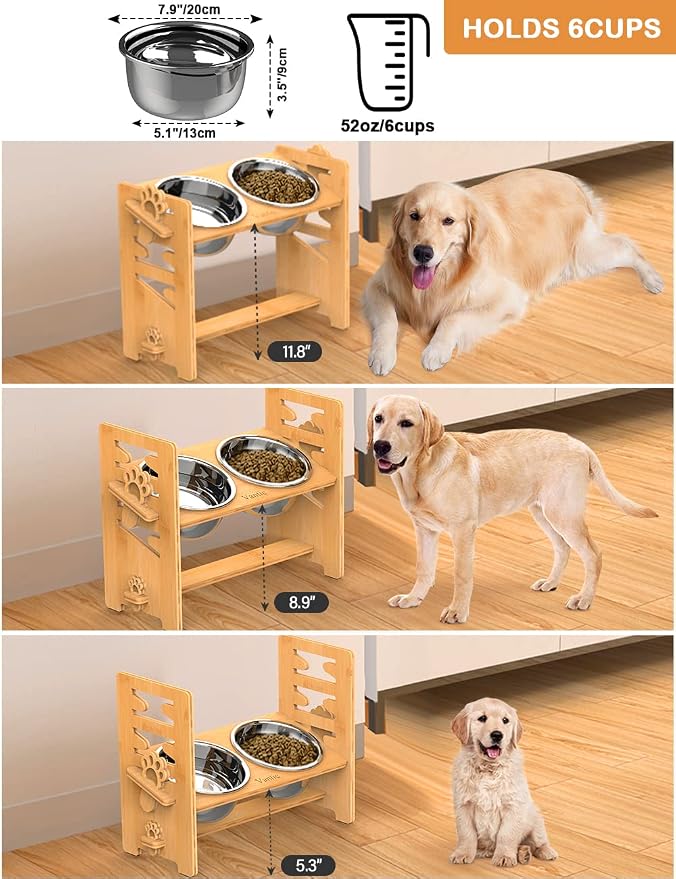 Elevated Dog Bowls, Adjustable Bowl Stand Large/XLarge, Natural | Bamboo Elevated Feeder with 2 Stainless Steel Bowls, Adjustable Height Stand for Large and Extra-Large Dogs