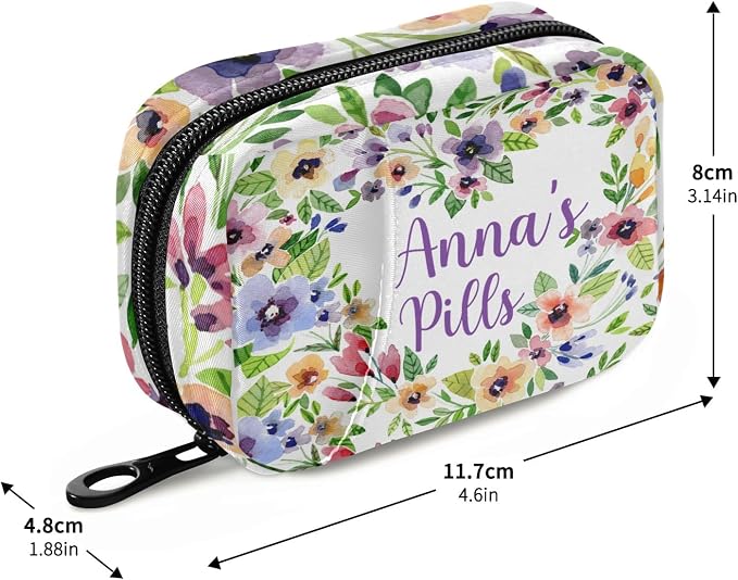 Custom Pill Box 7 Day Pill Case Bag Watercolor Spring Flowers Personalized Name Travel Pill Organizer Bag with Zipper Portable Weekly Case Compact Size for Vitamin Supplement Holder