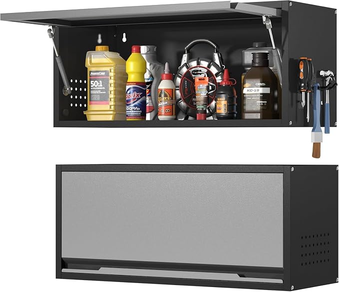 Garage Wall Cabinet, 13.8" H Metal Wall Cabinet with Up-Flip Door | Wall Mounted Metal Storage Cabinet, Upper Cabinet for Kitchen,Garage,Workshop,Warehouse, Assembly Required, Gray