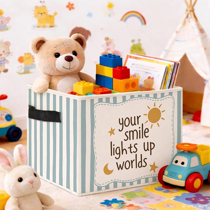 Smile Quote Storage Bin, Foldable Fabric Basket for Kids Room Classroom | Foldable fabric storage bin with smile quote design for toys, books, clothes, nursery, classroom, and playroom use.