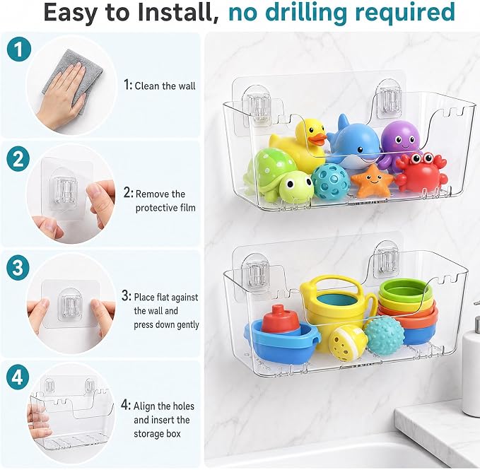 Bath Toy Storage Organizer, 2 Pack Bath Toy Holder with Drain Holes | Quick Dry Toy Shower Caddy, Mold-Resistant Wall Mount No Drill, Large Plastic Bath Toy Organizer with Drain Holes, Easy-Clean