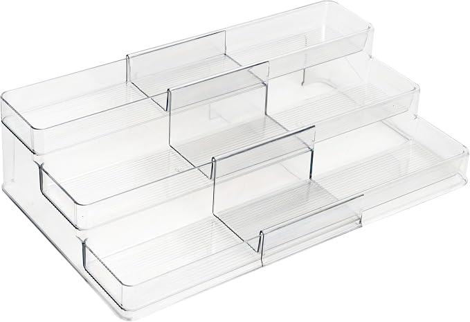 Dial Industries 3 Tier Expandable Kitchen Cabinet Shelf Organizer, Clear | Slides open to fit narrow or wide cabinets, Adds extra levels for canned goods and jars, Great for pantry, cupboard or closet