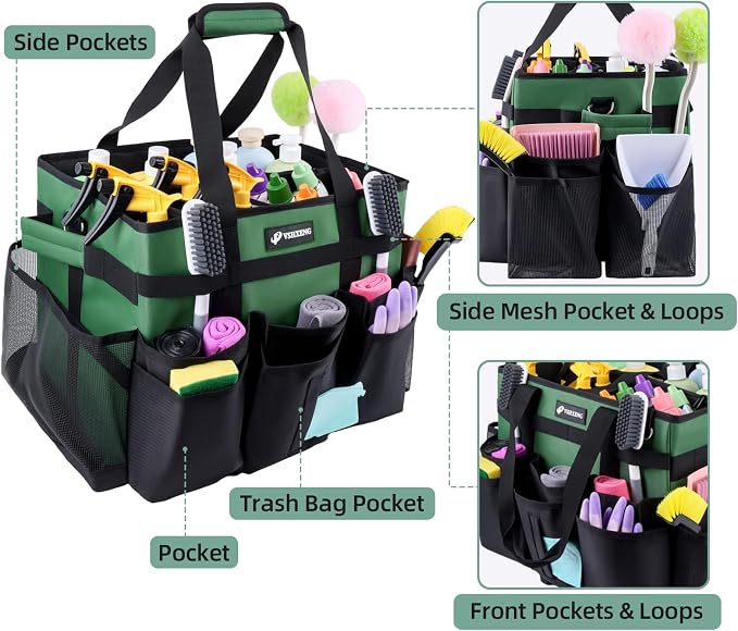 Large Rolling Cleaning Caddy Bag with Wheels, Cleaning Bag with Detachable Trolley, Cleaning Bags on Wheels for Housekeepers, Cleaning Cart Supplies Organizer for Home, Car, Picnic (Green)