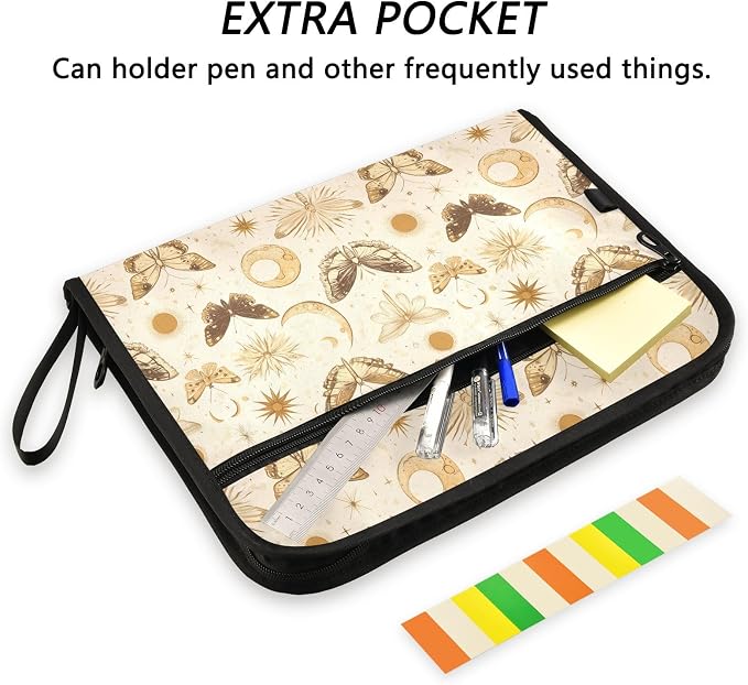 13 Pocket Zipper Expanding File Folder A4 Moon Butterfly | Accordion File Organizer with Front Pouch A4 Letter Size Portable Folders for Documents Receipt School Office Supplies