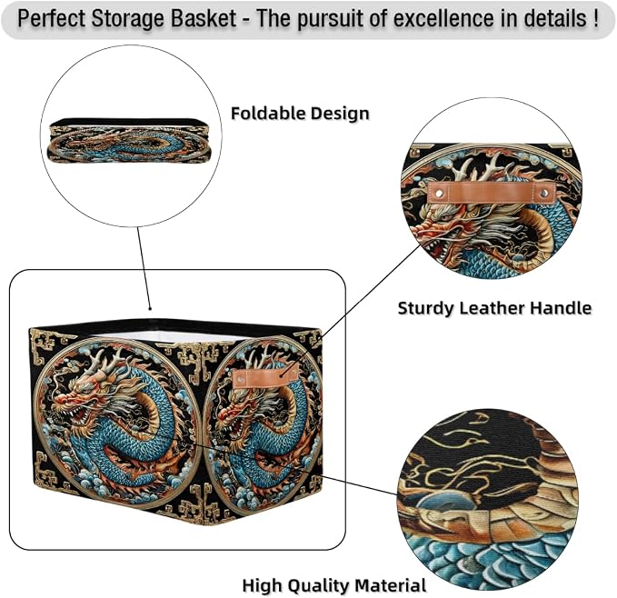 Pardick Dragon Basket Storage Bins Rectangle Canvas Basket Cube Storage Box | Nursery Foldable Basket with Handle for Kids Girls Boys Toys Living Room Closet Organizer Shelf Gifts Blue Gold