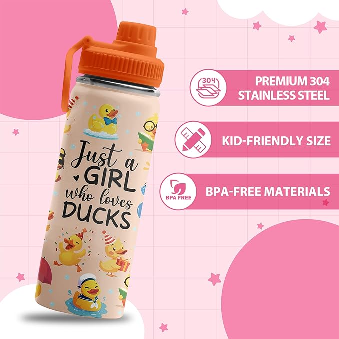 Duck Gifts, 18 oz Stainless Steel Water Bottles with 2 Lids, Insulated Water Bottle with Straw, Duck Cups for Travel Sports Outdoor, Birthday Christmas Gifts for Boys Girls Ducks Lovers (1pcs)