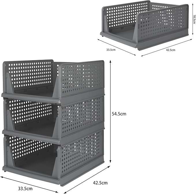 This Stackable Folding Storage - 3-Tier Clothes Rack with Drawer Shelf for Bedroom Kitchen Living Room Bathroom Office - Gray (H-18 cm)