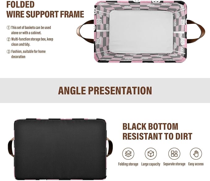 Pink and Black Checkered Ghost Storage Basket Foldable Cube Storage Bins with Handles&Label Waterproof Organizer Box Bin Large Rectangle Decorative Baskets for Shelves Home Room Laundry, 2 Pack