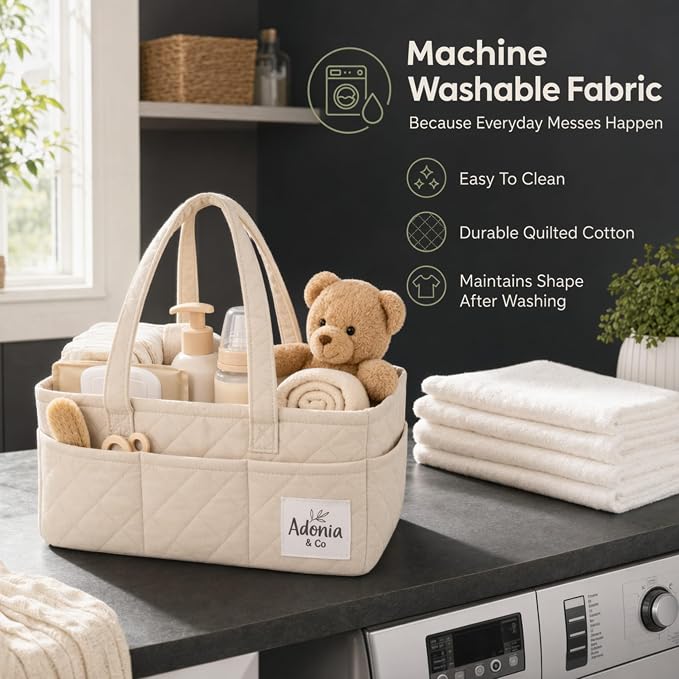 Adonia & Co Diaper Caddy Organizer – Large Nursery Storage Basket for Newborn Essentials – Portable & Machine Washable (Beige)