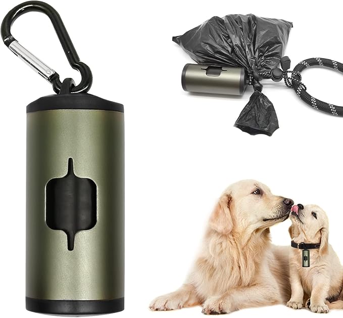 YUCHIYA Aluminum Dog Poop Bags Holder with Carabiner Metal Pet Waste Bags Dispenser with Hook and Loop Fastener and Elastic Cord to Carry Used Bags (Olive Green, 1 Holder 15 Bags)