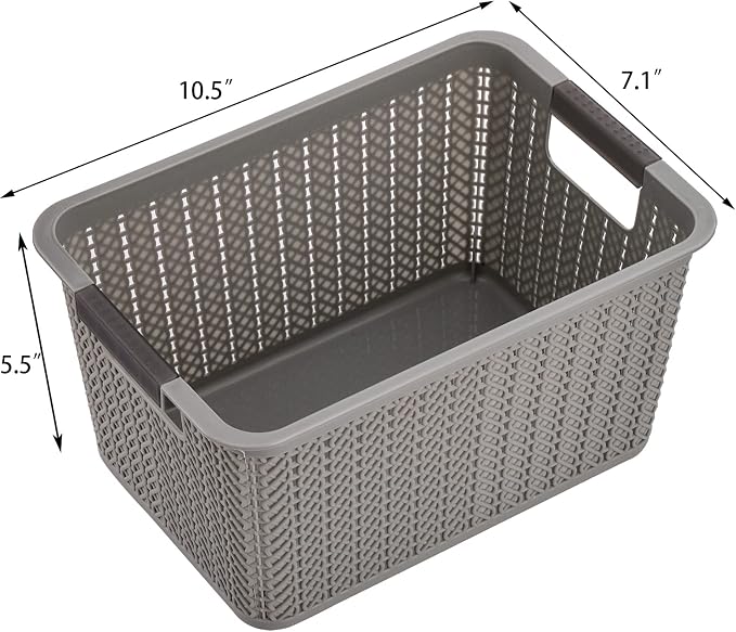 Lawei 9 Pack Plastic Storage Baskets, 10.5 x 7.1 x 5.5 Inch Weave Storage Bins with Handle, Plastic Shelf Organizer Basket for Home Cabinet, Pantry Storage Bins for Toys, Classroom, 3 Colors