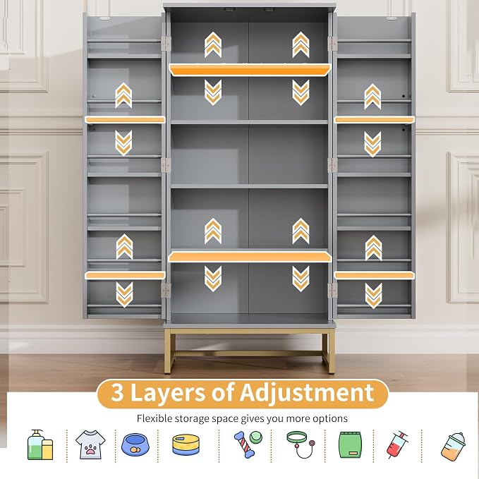 Saudism 51" Dog Food Storage Cabinet with Adjustable Shelves, Gray | Freestanding Pet Storage Container Organizer for Living Room and Dinning Room