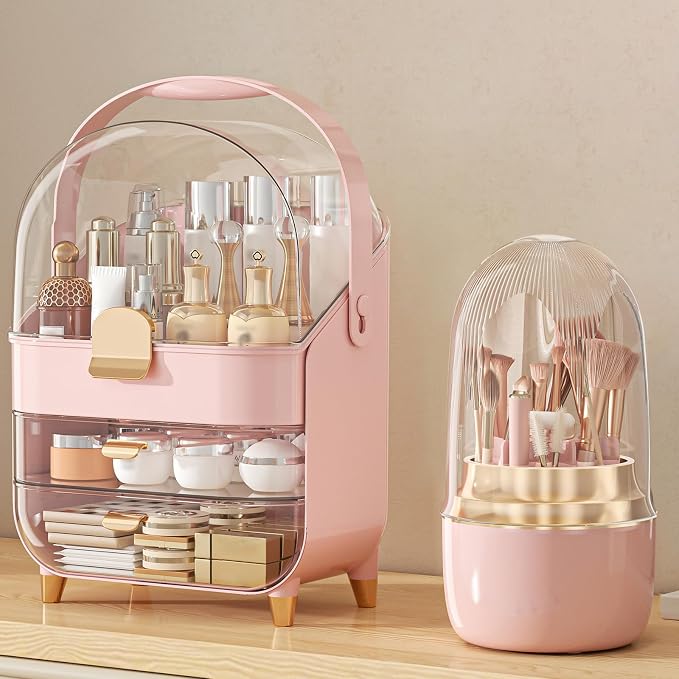 Makeup Organizer Countertop, Skincare Holder Bathroom Counter Organizer, Storage Box Cosmetic Display Cases, Teen Girl Gifts Make up Organizers (Pink/Brush)