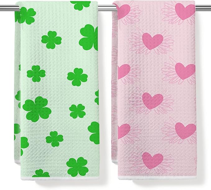 Four-Leaf Clover and Heart Waffle Kitchen Towels, Quick Dry Multipurpose Hand Towels for Bathroom, Absorbent Reusable Cloth Tea Dish Towels for Home Decor, Gift Towel Set of 2 for Woman Man Friends