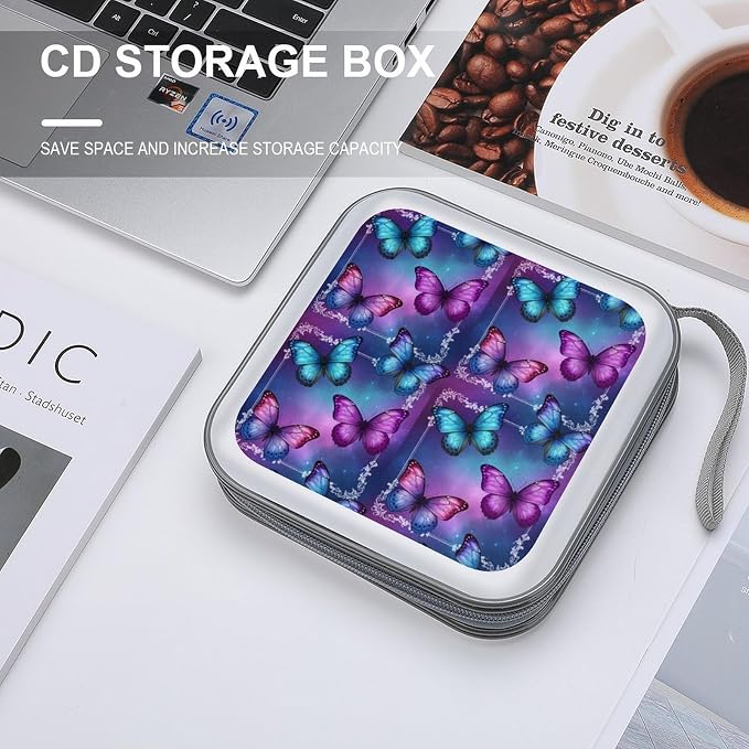 40-Disc Hard Shell Storage Wallet Purple Butterfly, DVD CD Binder with Carry Strap, Portable Protective Organizer for Travel Office