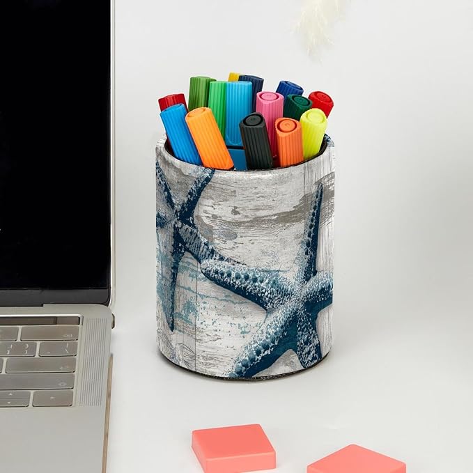 Faux Leather Pen Holder for Desk, Pencil Organizer Retro Starfish Pen Cup Desk Decor Makeup Brush Holder Storage for Office Home