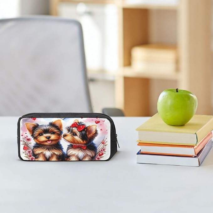 Two Pet Dog Large Pencil Case, Durable Pen Bag Zipper Organizer Pouch for Office Travel for Women Men