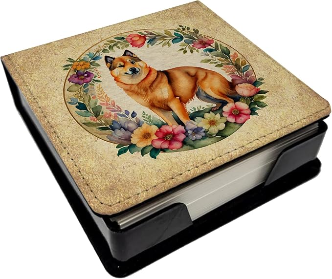 Caroline's Treasures Finnish Spitz and Flowers PU Leather Note Paper Holder with Artist-Designed Cover, Desk Accessory, Office Gift