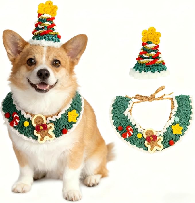 Christmas Dog Costume,Handmade Cat Holiday Outfit with Christmas Tree Hat & Gingerbread Man Scarf Set,Adjustable,Lightweight & Breathable Pet Accessories for Rabbit Xmas Party & Photos