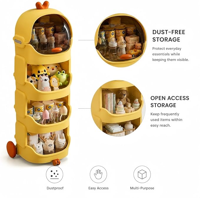 Rolling Toy Organizer with Lockable Wheels, 4-Tier Large Storage Shelf with Dustproof Top Bin, Mobile Kids Organizer for Toys, Books, Baby Essentials, Playroom, Nursery & Classroom