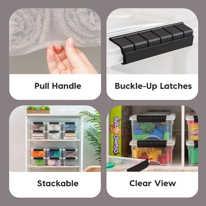 IRIS USA 3-Pack 6 Quart Storage Bins with Lids, Clear/Black | Black finish conceals stored items. Ideal for shoes, photos, documents, and small essentials. Nestable design saves space