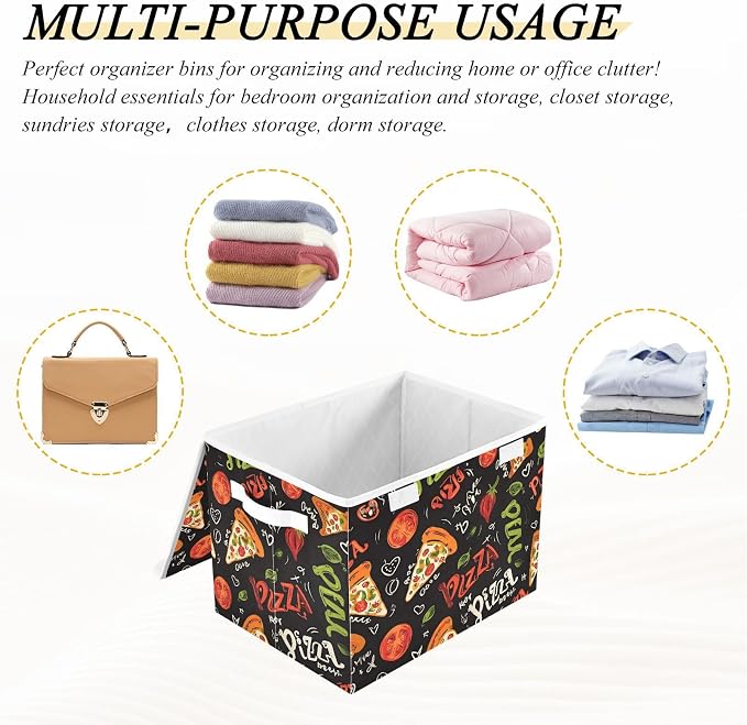 Pizza Fabric Storage Bins with Lid Large Organizer Containers 40L Baskets | Decorative Storage Boxes, Dust-Proof Flip Top, Reinforced Handles, For Home & Bedroom, Clothes & Toy Box, Oxford Fabric Print