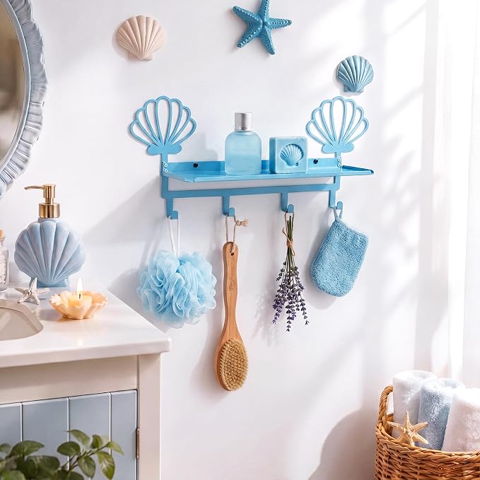 Blue Seashell Coat Rack Wall Mount with Shelf Metal Entryway Hanging Shelf with 4 Hooks Cute Beach Coastal Bedroom Accessories Decor for Dog Leash Pet Collar Keys Clothes Hats Towel Purse