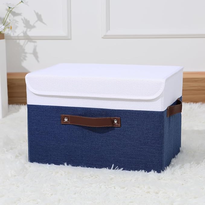 ANMINY Fabric Storage Box Bins with Lids, Blue White, 15"x10"x10" | Keepsake Memory Storage, Cotton Linen, PP Board Reinforced, Washable, PU Handles, Foldable & Stackable, Decorative, Large