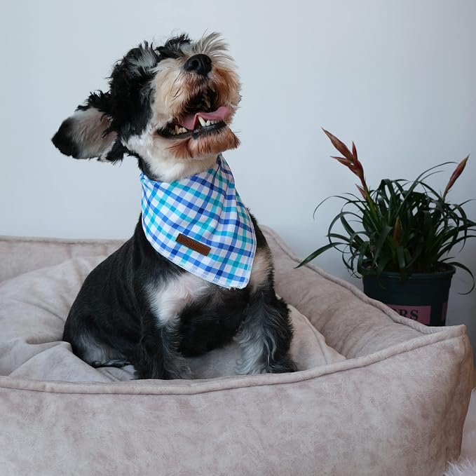 Summer Dog Bandana, Comfortable Cotton Grid Triangle Bid Scarf for Medium Large Dog, Washable Pet Kerchief for Boy Girl Dogs,Blue and White Cute Bandana Dogs,Cute Classic Puppy Bid Scarf