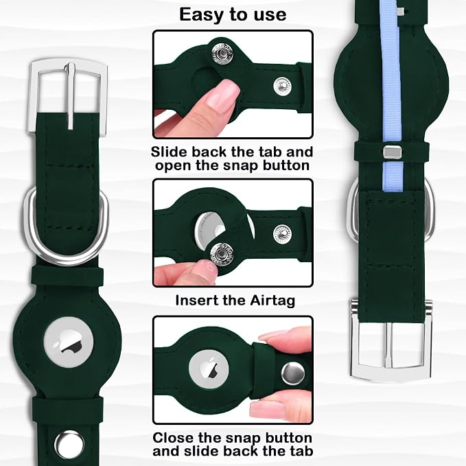 Leather Dog Collar with Airtag Holder - Apple Air Tag Dog Collars - Soft Tracking GPS Pet Collar for Small Medium Large Dogs Breed Puppy (Green, L, 15"-19" Neck Fit)
