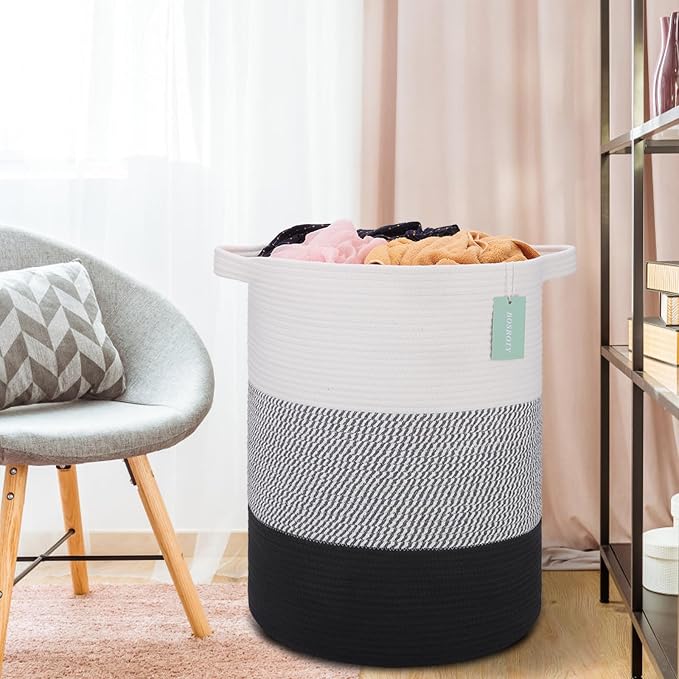 Cotton Rope Blanket Basket, 72L Laundry Hamper, White& Gray& Black