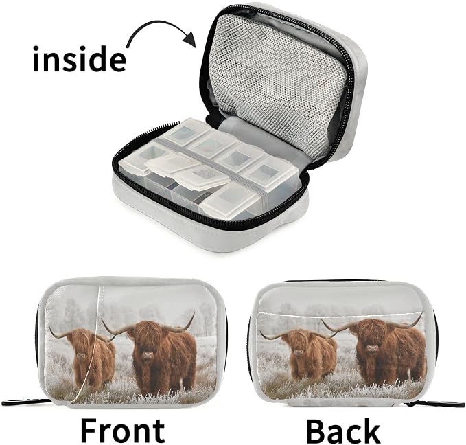 Highland Cow Travel Pill Case Portable Weekly Pill Box Bag Container 7 Days Pill Organizer Vitamin Supplement Holder with Zipper for Family Business