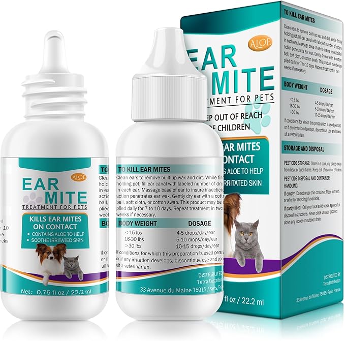 Ear Mite Treatment for Dogs and Cats,Ear Infection Treatment Drops,Relief for Dogs and Cats Suffering from Ear Mites, Pets Ear Cleaning Drops with Soothing Aloe for Dog & Cats (0.75 Fl Oz (Pack of 1))
