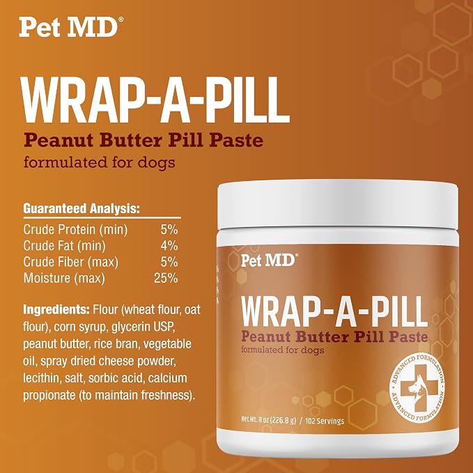 Pet MD Wrap A Pill Peanut Butter Flavor Pill Paste for Dogs - 8 oz | Make a Pocket or Pouch to Hide Pills & Medication