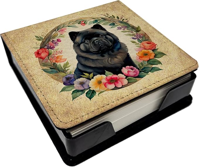 Caroline's Treasures Black Chow Chow and Flowers PU Leather Note Paper Holder with Artist-Designed Cover, Desk Accessory, Office Gift