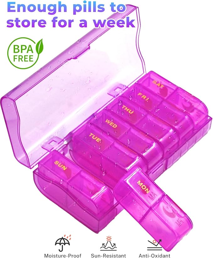 Weekly Pill Organizer 2 Times a Day, 7 Day AM/PM Pill Box, Portable Medication Dispenser with Child-Resistant Latch, BPA-Free, Travel, Office, Pets, Emergency Use (Lavender Purple)