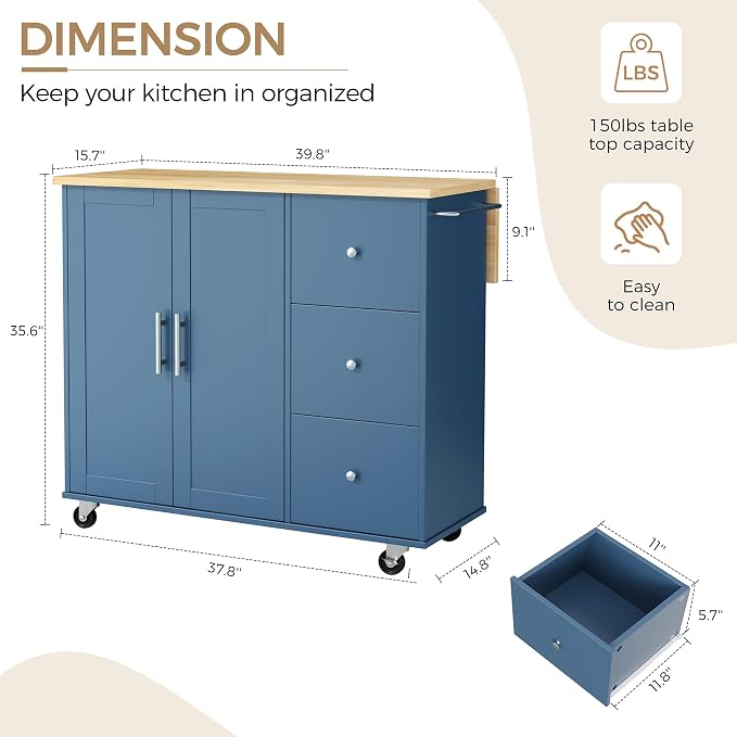 QAQA 40" Kitchen Island Cart Furniture cart on Wheels Rolling Portable Dining Room Serving Utility Carts Mobile Movable with Drawers Cabinet,Blue