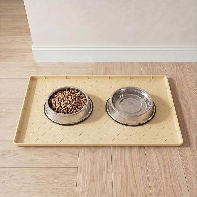MateeyLife Silicone Waterproof Mat for Dog & Cat Food Mat 19"X12" | BPA-Free Non-Slip Pet Feeding Mat, Dog Food Tray for Food & Water Bowls, Protect Floor Against Spills, Khaki