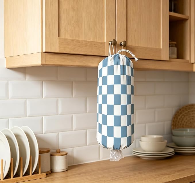Plastic Bag Holder, Wall Mount Plastic Bag Organizer Dispenser Reusable Grocery Bag Organizer for Home Kitchen(Blue Checkered)