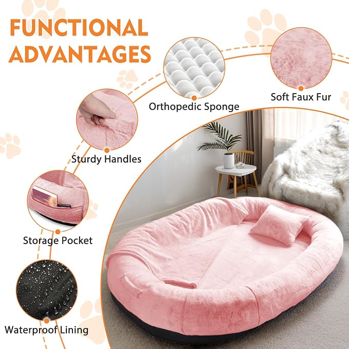 Human Dog Bed,71"x45"x14" Human Size Giant Dog Bed for Adults and Pets,Washable Faux Fur Cover Napping Orthopedic Bean Bag Bed for Humans with Blanket and Pillow,Pink