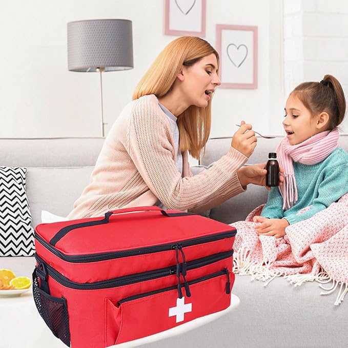 First Aid Bag Empty Large 2 Layer Medical Bag with Shoulder Strap 16”x 9½” x 7” Medicine Organizer Box Travel First Aid kit Emergency Supplies Storage Bag for Car, Home, Office, Outdoor (Red)